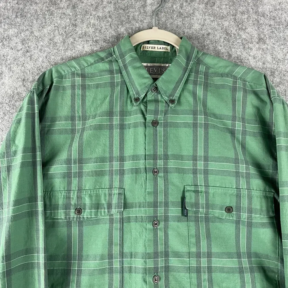 Vintage‎ Levis Silver Label Shirt Mens Medium Green Plaid Long Sleeve Pockets